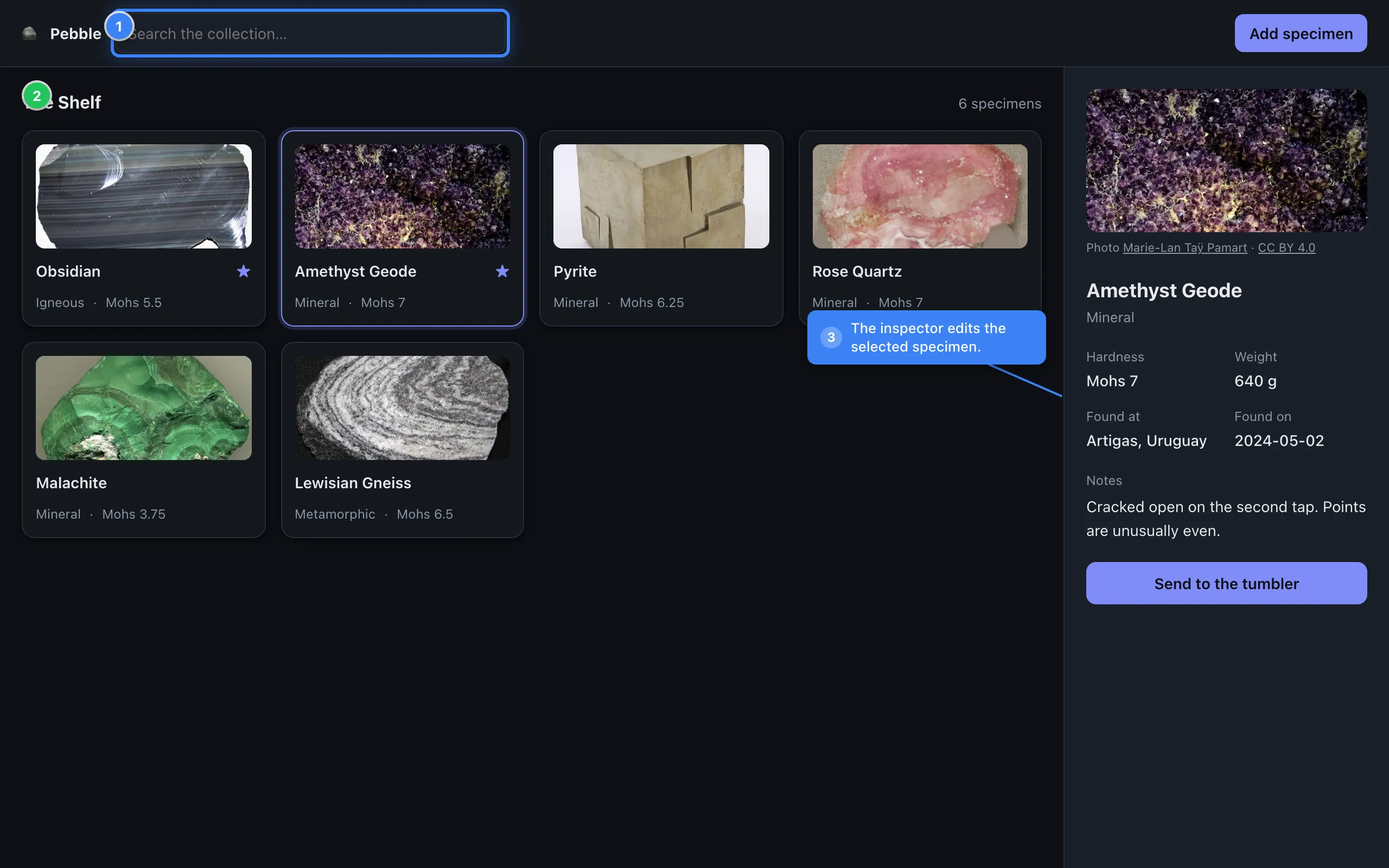 The Pebble rock-collection app, annotated by stillsmith